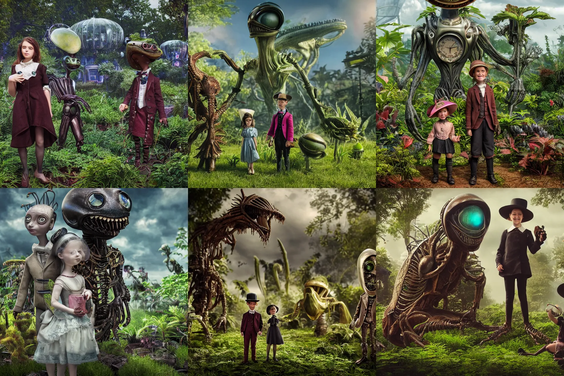 Prompt: detailed, sharp, a girl and a boy standing next to some alien plants, looking happy, wearing victorian clothes, their small pet alien creature is standing nearby, in a park on an alien planet, steampunk, extremely highly detailed, hyperrealistic, octane render, 8k, HD, good lighting