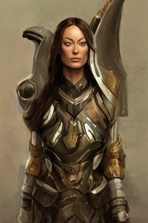 Image similar to a professional painting of a young Olivia Wilde, clothes in military armor, olive skin, long dark hair, beautiful bone structure, symmetrical facial features, intricate, elegant, digital painting, concept art, smooth, sharp focus, illustration, from StarCraft by Ruan Jia and Mandy Jurgens and Artgerm and William-Adolphe Bouguerea