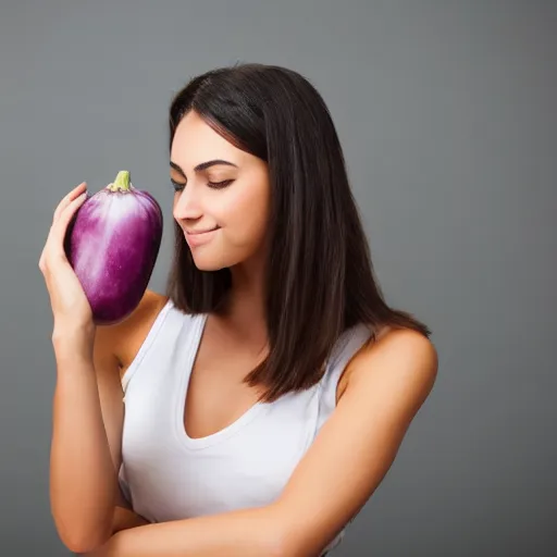 Image similar to a woman holding an eggplant emoji