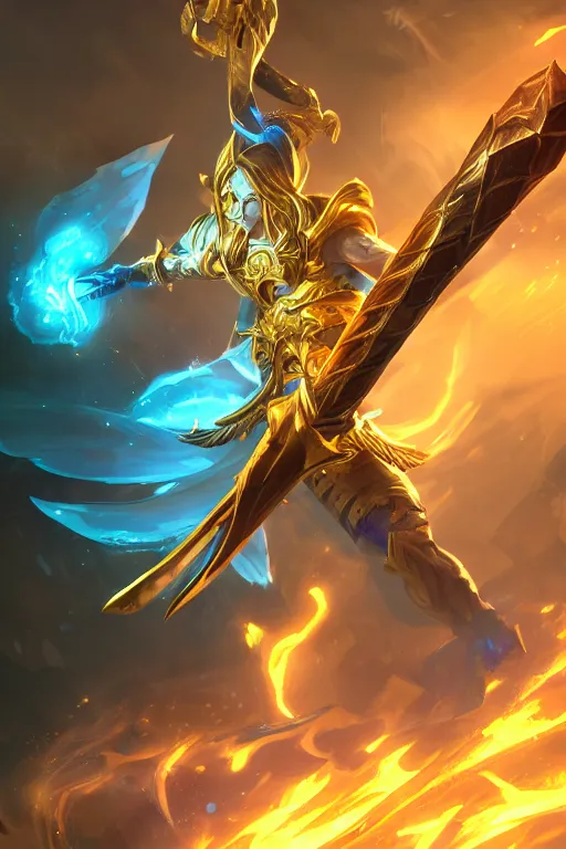 Image similar to a magical golden weapon, d & d, league of legends, concept art, blue background, dramatic lighting. realistic, epic legends, game icon, global illumination, ian pesty