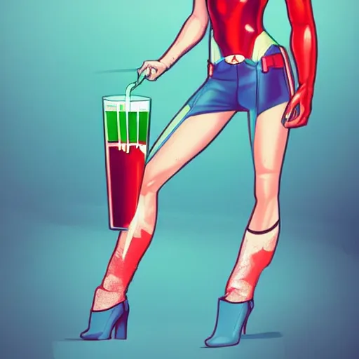 Prompt: high-detail illustration of beautiful female superhero in a v-neck bodysuit and is drinking soda through a krazy straw, by Kael Ngu, ArtStation