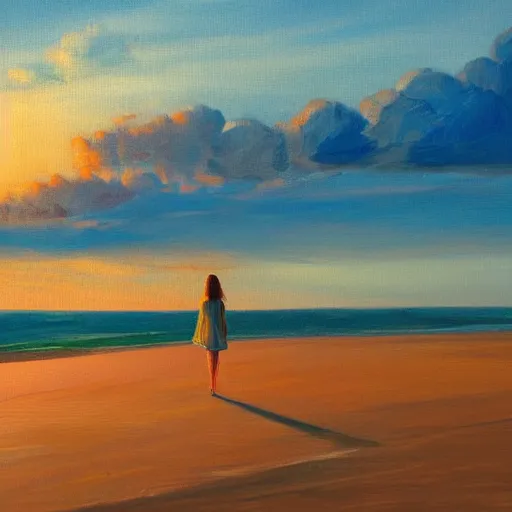 Image similar to lonely young woman wandering a beach at sunset, stylized, oil painting, warm lighting, city skyline