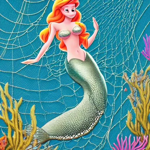 Prompt: mermaid ariel caught in a fishing net disney hyper detailed