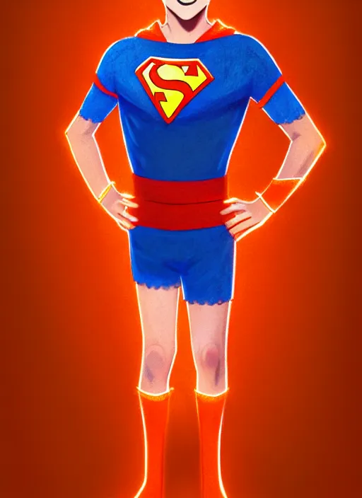 Image similar to friendly teenage archie andrews wearing an orange superhero costume with heart logo, heart, freckles, blue cape, heart emblem on chest, blue cape, intricate, elegant, glowing lights, highly detailed, digital painting, artstation, sharp focus, illustration, art by wlop, mars ravelo and greg rutkowski