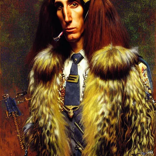 Image similar to portrait of a male furry afghan hound dog in a police uniform. shadowrun furaffiniy cyberpunk fantasy highly detailed painting by gaston bussiere craig mullins jc leyendecker gustav klimt artgerm greg rutkowski john berkey, bergey, craig mullins, ruan jia, raymond swanland, jeremy mann, tom lovell, alex malveda