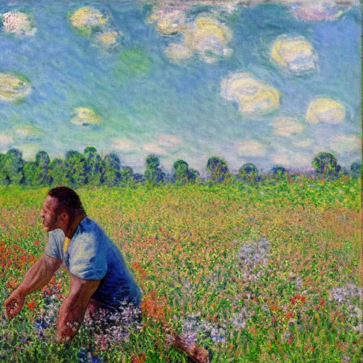 Image similar to Dwayne Johnson frolicking in a field of flowers, painting by Claude Monet, colorful