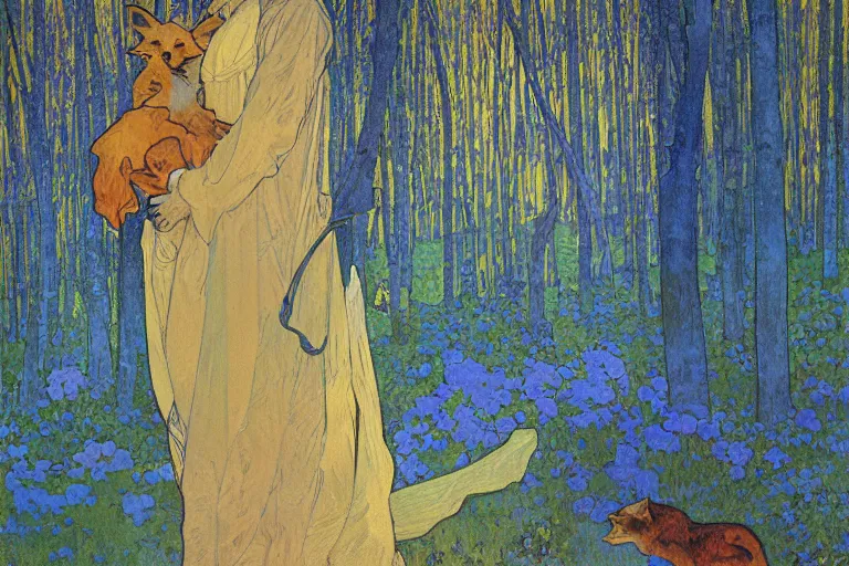 Prompt: landscape art nouveau painting of an old man dressed as a farmer and his fox in the forest, by alphonse mucha and gustav klimt and antoni gaudi, masterpiece,, warm shades of blue, silver, orange, gold, and pink, oil painting, high resolution, very detailed, oil on canvas