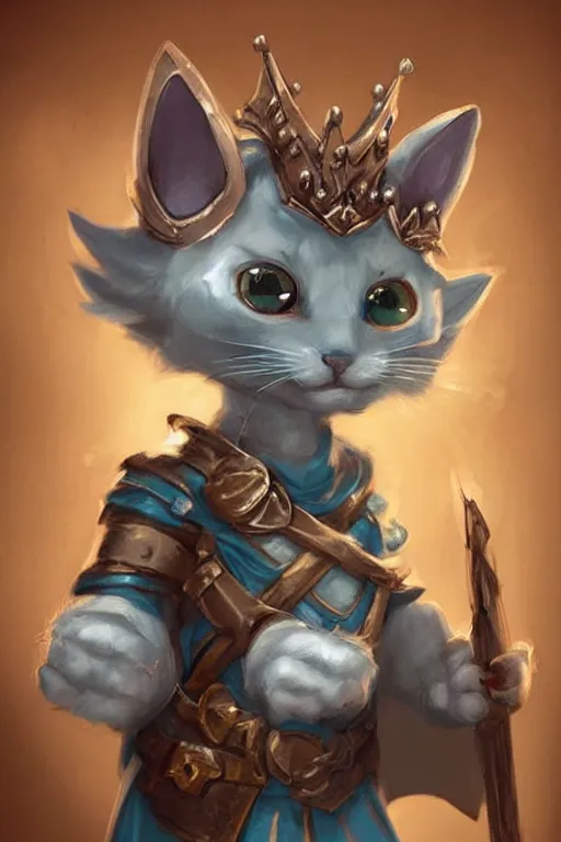 Image similar to cute little anthropomorphic cat knight wearing a cape and a crown, tiny, small, miniature cat , baby animal, short, pale blue armor, cute and adorable, pretty, beautiful, DnD character art portrait, matte fantasy painting, DeviantArt Artstation, by Jason Felix by Steve Argyle by Tyler Jacobson by Peter Mohrbacher, cinematic lighting