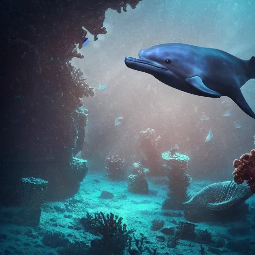 Image similar to underwater shipwreck surrounded by coral and dolphins, shallow depth of field, moody lighting, 8 k, concept art,