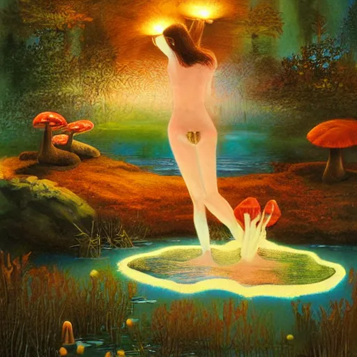 Image similar to goddess of mushrooms bathing in the glowing lake, fantasy painting