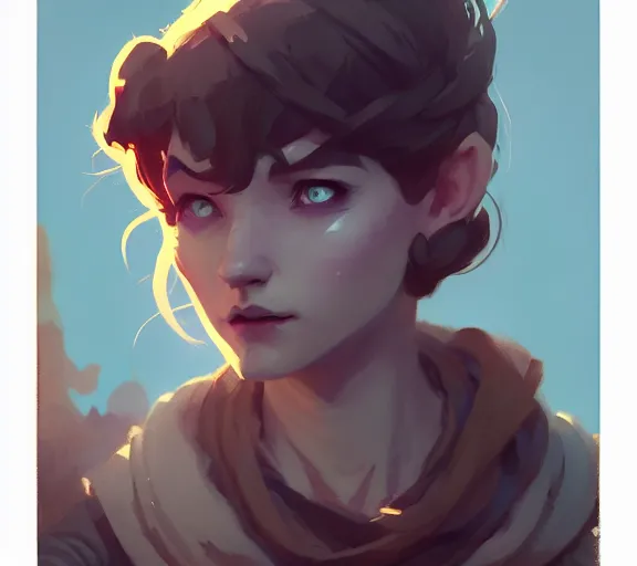 Prompt: portrait of bard, d & d, fantasy, medium shot, asymmetrical, matte painting, illustration, hearthstone, by atey ghailan, by greg rutkowski, by greg tocchini, by james gilleard, by joe fenton, by kaethe butcher, dynamic lighting, gradient light blue, brown, blonde cream and white color scheme, grunge aesthetic