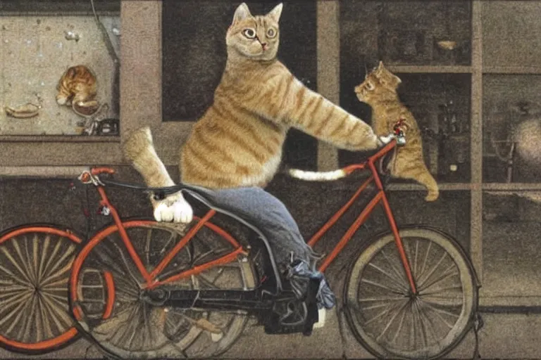 Image similar to a cat driving a bicycle, an illustration by michael sowa