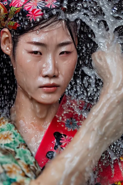 Image similar to a film still of japanese wearing kimono batik, close up face detail, muscular, wet body, model photography, wet dripping hair, emerging from the water