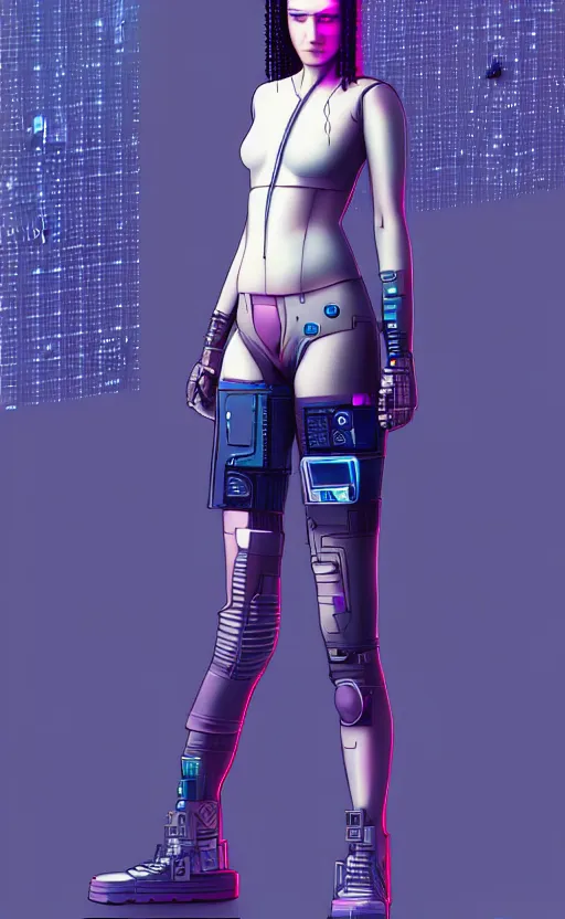 Image similar to full body portrait of cyberpunk girl inspired by william gibsons neuromancer, the sprawl, plain background, ultrafine detail, digital concept art, masterpiece!!!