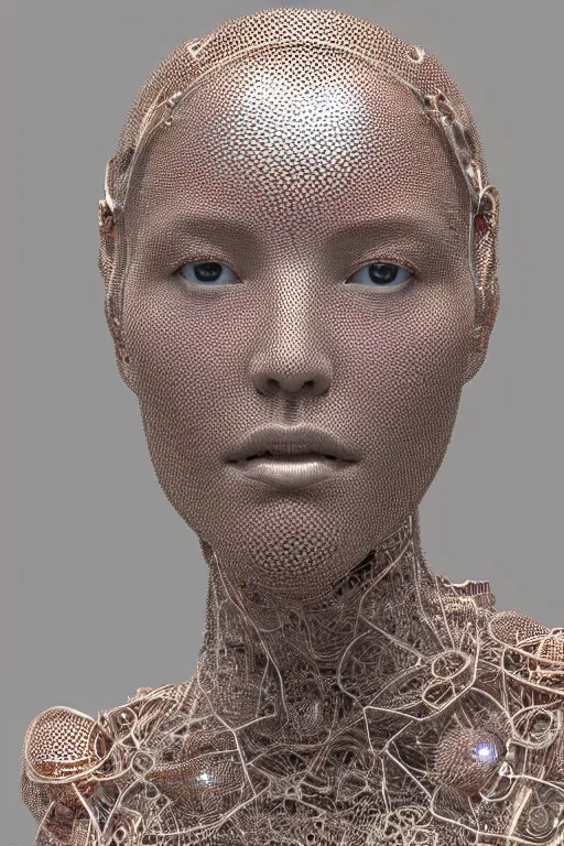 Prompt: a melancholic realistic 8k Sculpture of a complex robotic human face, liquid simulation, dramatic lighting, silver gold red details, hexagonal mesh wire, filigree intricate details, cinematic, fleshy musculature, white blossoms, elegant, octane render, art nouveau, 8k post-processing, intricate artwork by moebius