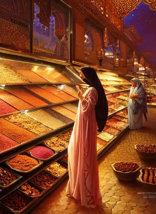 Prompt: a young arabian lady shopping at a desert spice market at night, shiny, fantasy, intricate, elegant, hyper detailed, ultra definition, photoreal, artstation, unreal engine rendered, concept art, smooth, sharp focus, illustration, art by artgerm and greg rutkowski and alphonse mucha and garis edelweiss