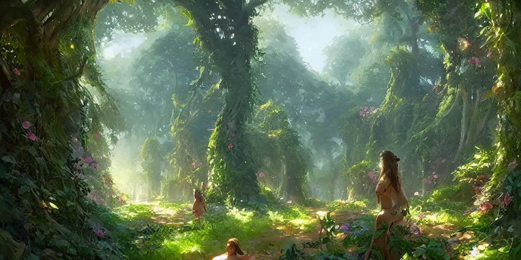Image similar to hidden forest paradise, lush vines and flowers, fruits, (((((((((((people)))))))))))), digital painting, art by greg rutkowski, artgerm