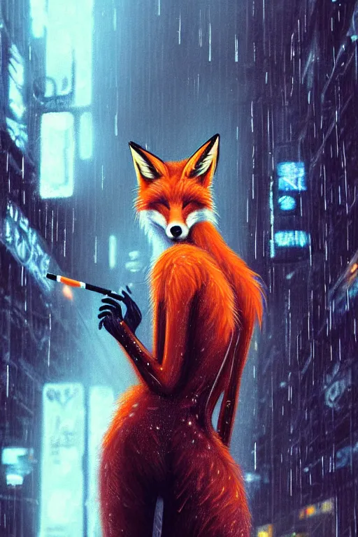 Prompt: beautiful portrait of a tall female anthro fox, smoking a cigarette in the rain, shoulders taller than the crowd, in a wet street of a city, cyberpunk, harsh neon lights, highly detailed, deep shadows, digital painting, shallow depth of field, illustration, art by sakimichan, artgerm