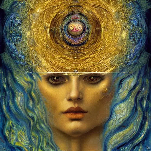 Image similar to Divine Chaos Engine by Karol Bak, Jean Deville, Gustav Klimt, and Vincent Van Gogh, beautiful visionary mystical portrait, sacred, otherworldly, fractal structures, Surreality, ornate gilded medieval icon, third eye, spirals, horizontal symmetry