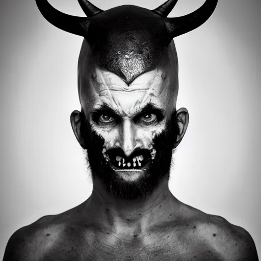 Prompt: a man with horns growing from his head. glowing eyes and sharp teeth. black and white 1 9 8 0 s portrait photography, studio lighting, cinematic, chilling 4 k