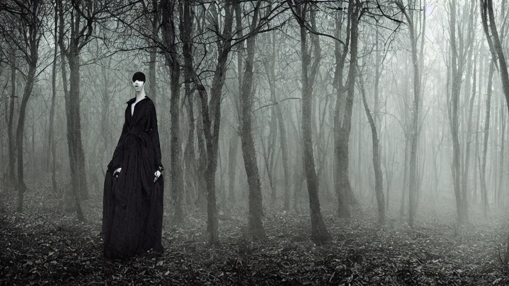 Prompt: eerie atmospheric symmetrical vogue fashion photography in a forest by paolo roversi