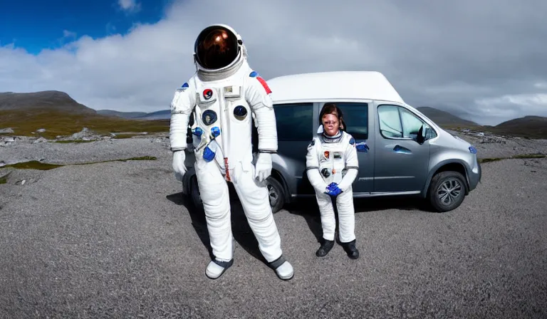 Image similar to tourist astronaut wearing futuristic space suit, standing in the Isle of Harris, Scotland, a futuristic silver campervan in the background, wide angle lens, photorealistic