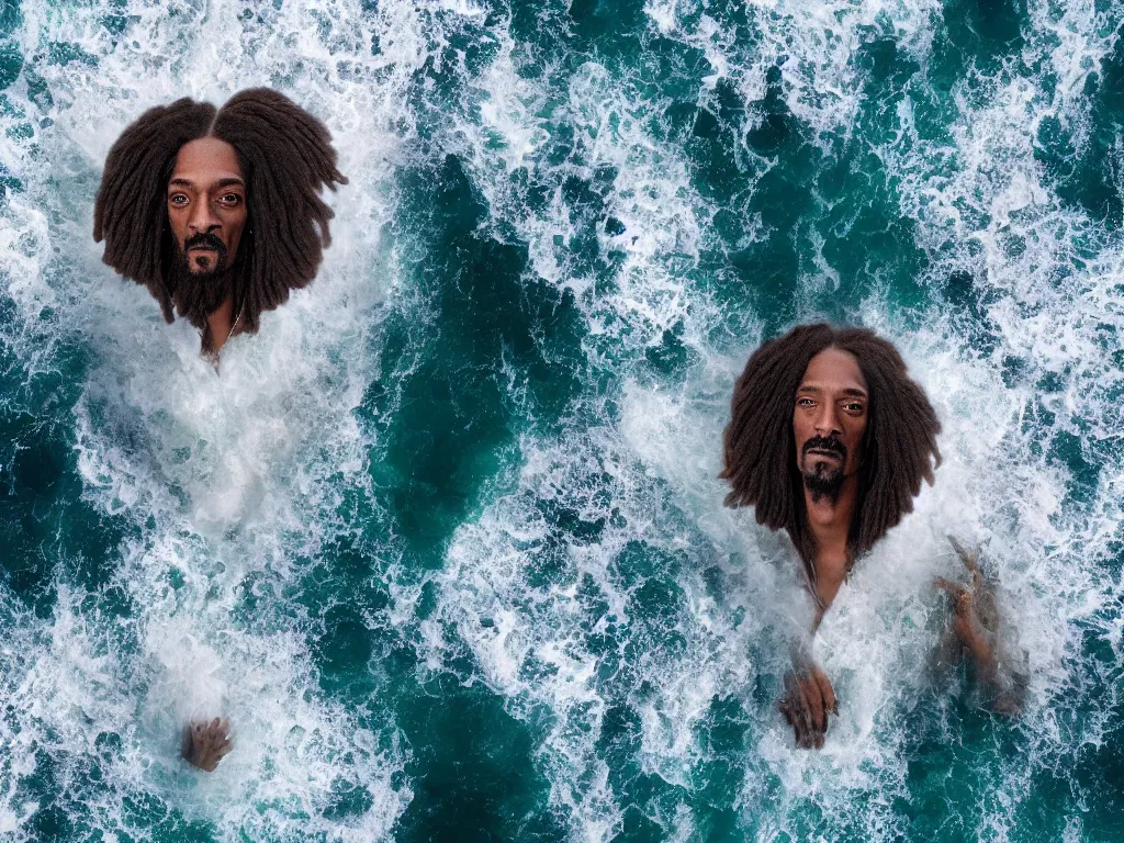 Prompt: photo of a giant fluffy Snoop Dogg face coming out from the ocean, ultra realistic, detailed, artstationHQ, artstationHD, 4k, 8k, aerial view