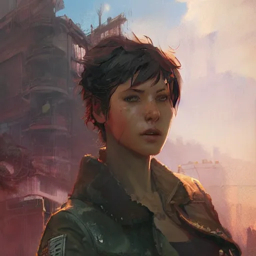 Image similar to fallout 5, charismatic beautiful rugged brunette female protagonist, portrait, outdoors tropical cityscape, atmospheric lighting, painted, intricate, volumetric lighting, beautiful, daytime, sunny weather, few clouds, sharp focus, deep colours, ultra detailed, art by krenz cushart and wenjun lin