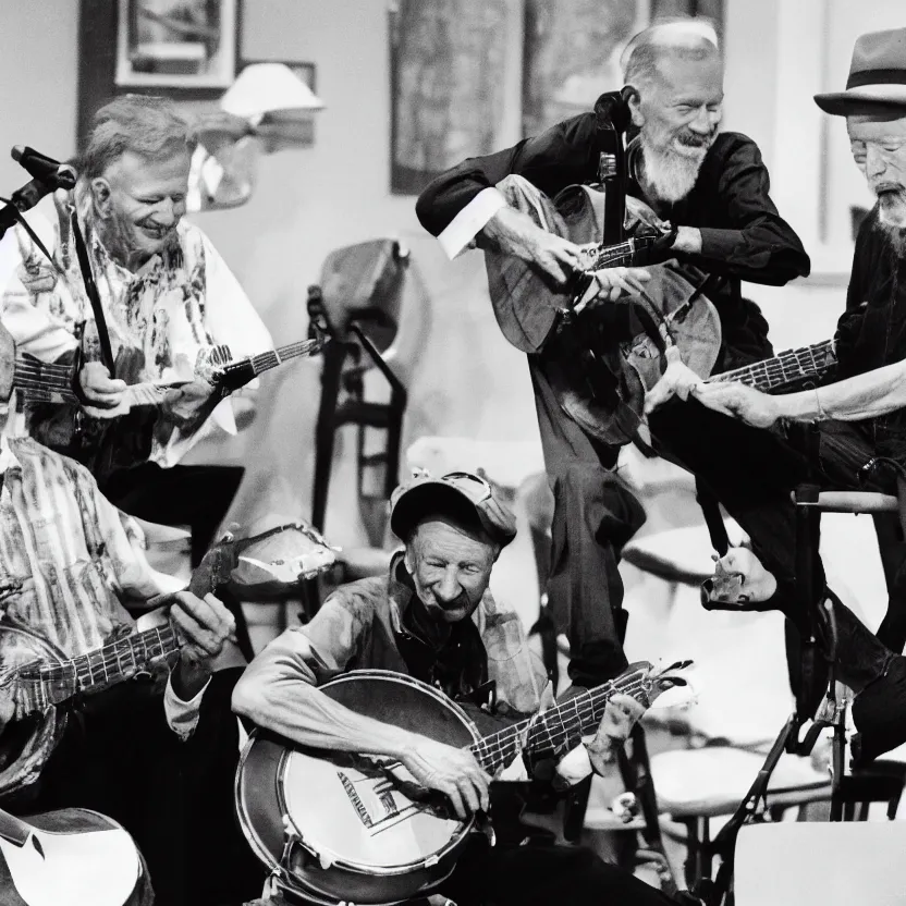 Prompt: black and white photo of 9 0 year old pete seeger playing a banjo and singing with lil nas x who is also playing a banjo - award winning