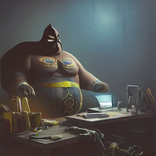 Image similar to a insanely detailed painting of a fat masked superhero wearing a costume sitting at a desk, staring at the nervously at the computer and clicking on the mouse, in the style of peter mohrbacher, dramatic lighting and composition, trending on artstation, concept art, comic book