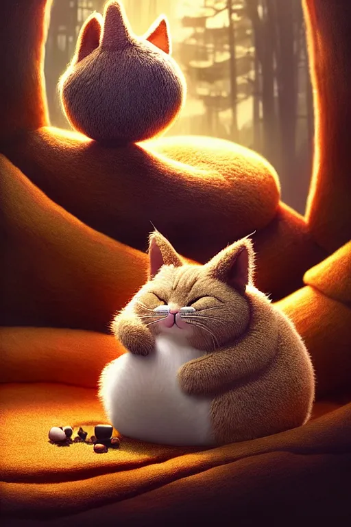 Image similar to round antropomorphic acorn plush toy and his cat friend in a giant bed adventure movie, cerebri movie poster, by nuri iyem, james gurney, james jean, greg rutkowski, anato finnstark. pixar. hyper detailed, 5 0 mm, award winning photography, perfect faces