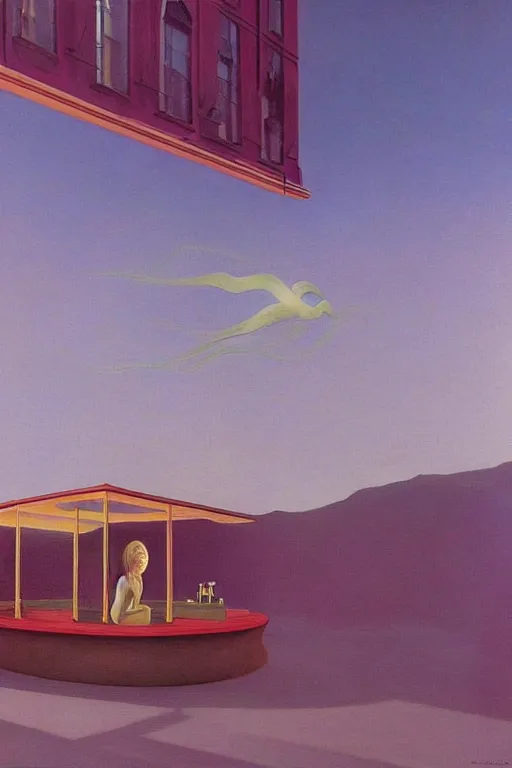 Image similar to liminal vaporwave surrealism dreams, painted by Edward Hopper, painted by salvador dali, painted by moebius, airbrush