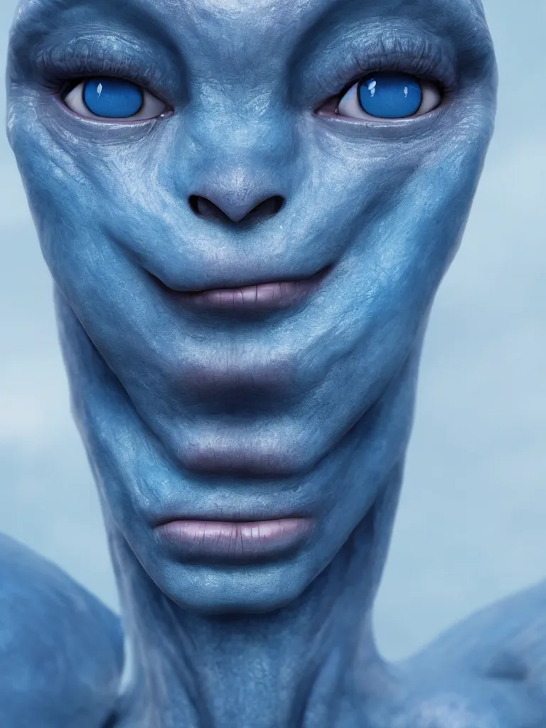 Prompt: alien human - looking with blue skin, photography portrait, cinematic, high quality, cgsociety, artgerm, 4 k, uhd, 5 0 mm, trending on artstation