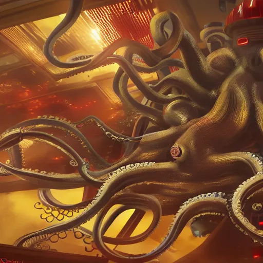 Prompt: Illustration of the Chinese communist party as a dirty octopus with lots of tentacles, dystopian, dirty, cyberpunk, cgsociety, highly detailed, 8k