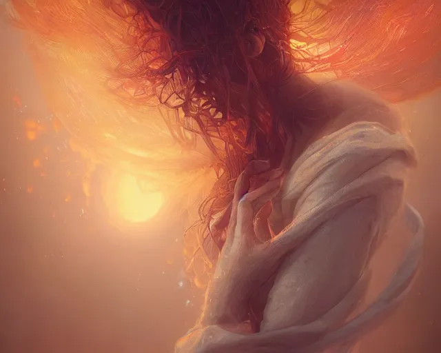 Prompt: ocean of canvas that catches fire, magical, concept art, art nouveau, inspired by Reylia Slaby, Peter Gric, trending on artstation, volumetric lighting, intricate, ornate, CGsociety