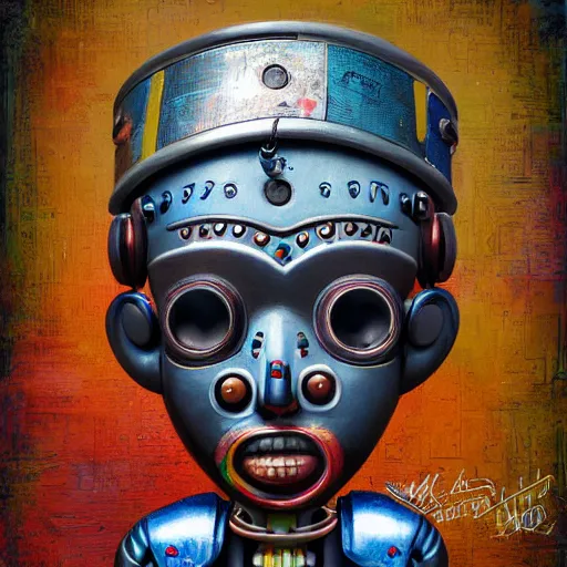 Prompt: wide - angle profile face portrait of a tin toy african cybernetic shaman doing cyberpunk! voodoo, nicoletta ceccoli, mark ryden, lostfish, max fleischer, hyper realistic, artstation, illustration, digital paint, matte paint, vivid colors, bright, cheerful, detailed and intricate environment