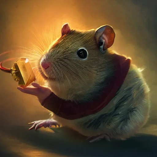 Prompt: oil painting of anthropomorphized hamster looking at shiny ruby, steampunk clothes, close shot, full body, dark steampunk mine shaft background, sharp focus, fantasy style, octane render, volumetric lighting, 8k high definition, by greg rutkowski, highly detailed, trending on art Station, dungeons and dragons artwork, centered