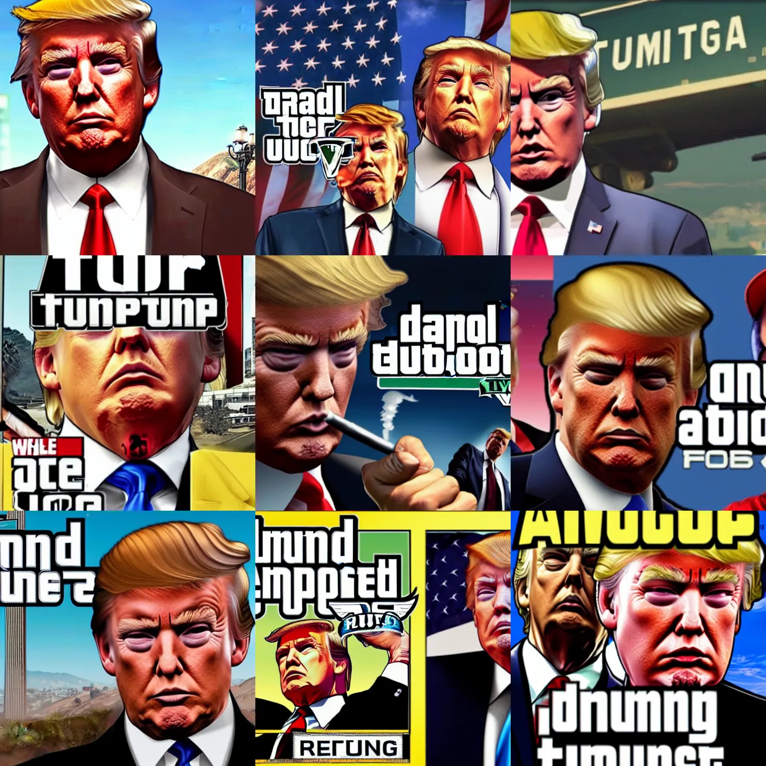 Prompt: Donald Trump smoking on GTA V cover art