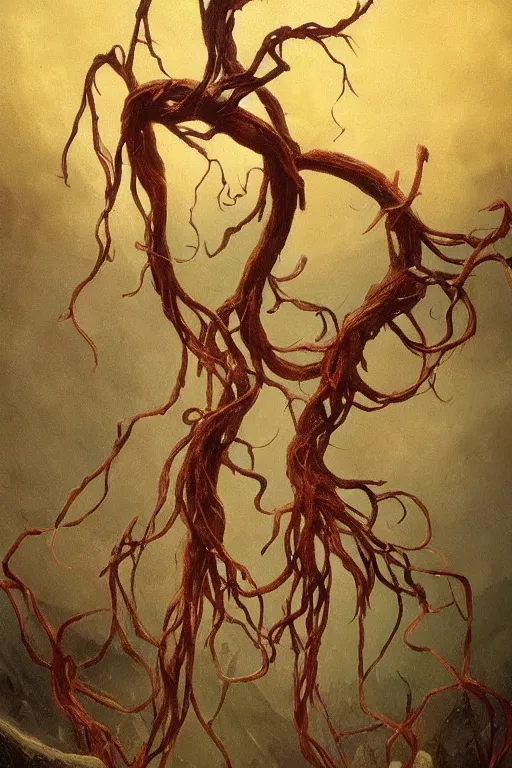 Prompt: tangling mighty roots dangling miserable dirge placid terror by trending on artstation, fantasy, full of colors, realistic materials, photo realistic, postprocessing painting by caspar david frederich print by mabel royds