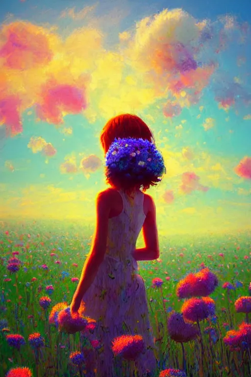 Image similar to closeup, giant flower head, girl standing in a field of flowers, surreal photography, sunrise, blue sky, dramatic light, impressionist painting, digital painting, artstation, simon stalenhag