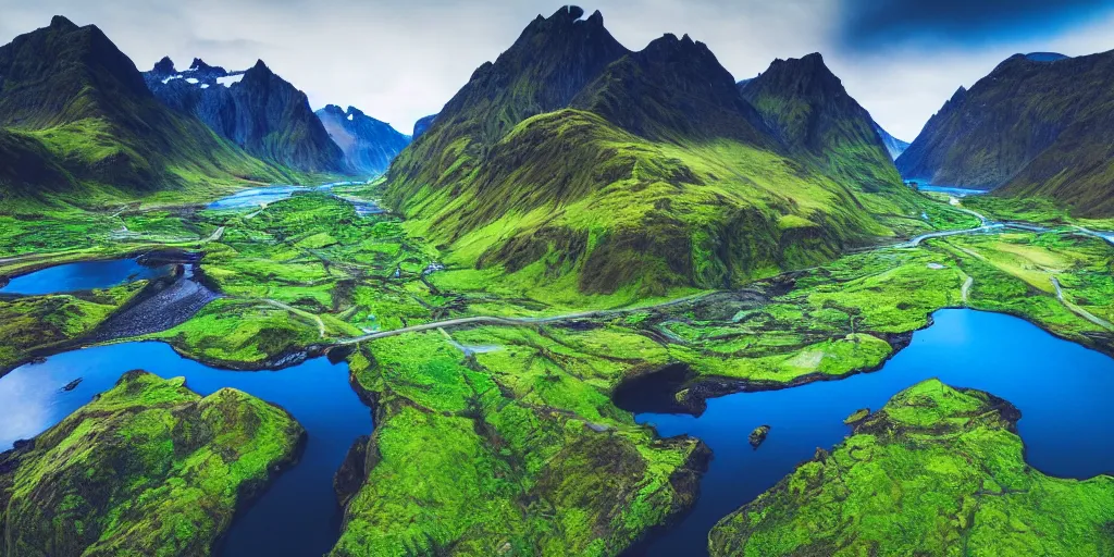 Image similar to drone shot photo of a landscape with mountains, waterfalls, wallpaper, lofoten, very very wide shot, blue glacier, iceland, new zeeland, green flush moss, national geographic, award landscape photography, professional landscape photography, sunny, day time, beautiful