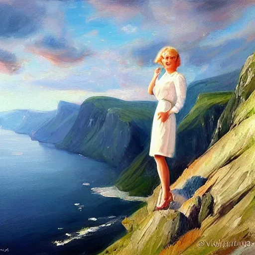 Image similar to beautiful 1950s blonde standing on top of Norwegian fjord, morning, atmospheric, dreamy, painting by Vladimir Volegov