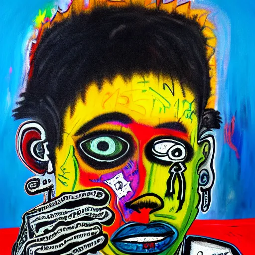 Prompt: detailed neo expressionism chaotic oil painting of sad boy rapper depressed with tattoos by basquiat
