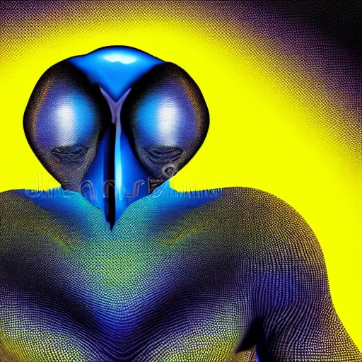 Image similar to human man that resembles a wasp morh in surreal sketch style, blue and yellow gradient, noise, ultrafine detail, hd 8k, logo illustration