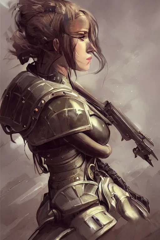 Prompt: a finely detailed portrait of an attractive young woman, clothed in military-style battle armor, shoulder mounted gun, olive skin, long dark hair, beautiful bone structure, symmetrical facial features, intricate, elegant, digital painting, trending on Artstation, concept art, smooth, sharp focus, illustration, from Metal Gear by Ruan Jia and Mandy Jurgens and Artgerm and William-Adolphe Bouguerea, award winning