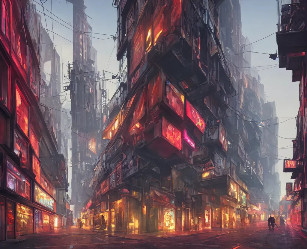 Image similar to three point perspective close wide angle shot of a matte painting environment design of future London alley with neon lights and advertisements, artstation, ultra realistic, volumetric lighting, 4k, unreal engine, octane render, art by Artgerm and Greg Rutkowski and Alphonse Mucha