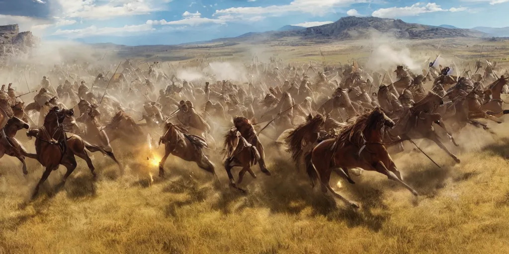 Prompt: an establishing action shot of the ( battle of little bighorn ), majestic horses, desperate action scene, dramatic lighting, cinematic, extremely high detail, photorealistic, cinematic lighting, trending on artstation cgsociety rendered in unreal engine 4 k hq