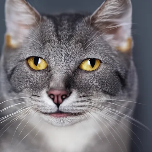 Prompt: portrait of an antropormorphic gray cat using with clothes, (EOS 5DS R, ISO100, f/8, 1/125, 84mm, postprocessed, crisp face, facial features)