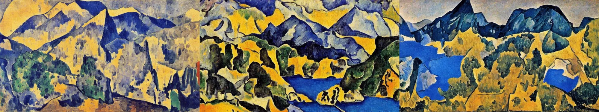 Prompt: lakeside mountains, by georges braque