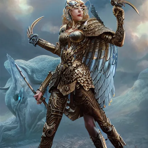 Prompt: valkyrie, norse warrior, wearing a golden armor with norse and viking jewelry by alex gray and android jones, karol bak, ayami kojima, amano, moebius, concept art, character design, fantasy, 3 d, 8 k resolution